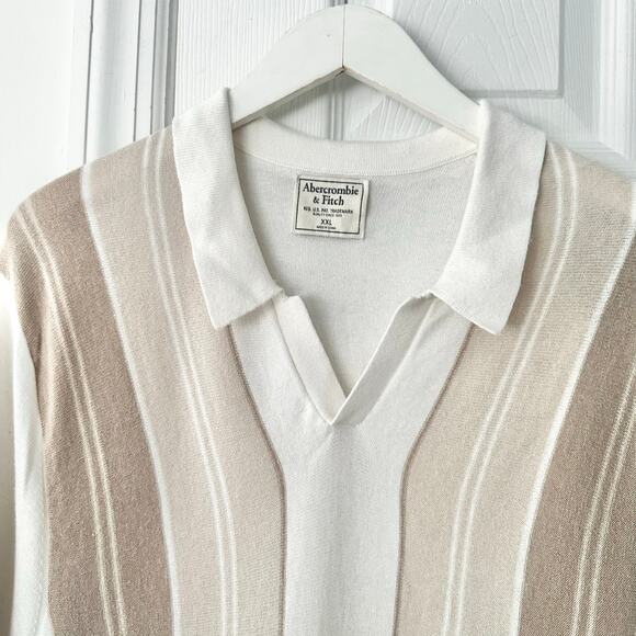 Abercrombie Fitch White Beige Tan Stripe Button Up Knit Polo Collared Shirt XXL - Picture 8 of 11